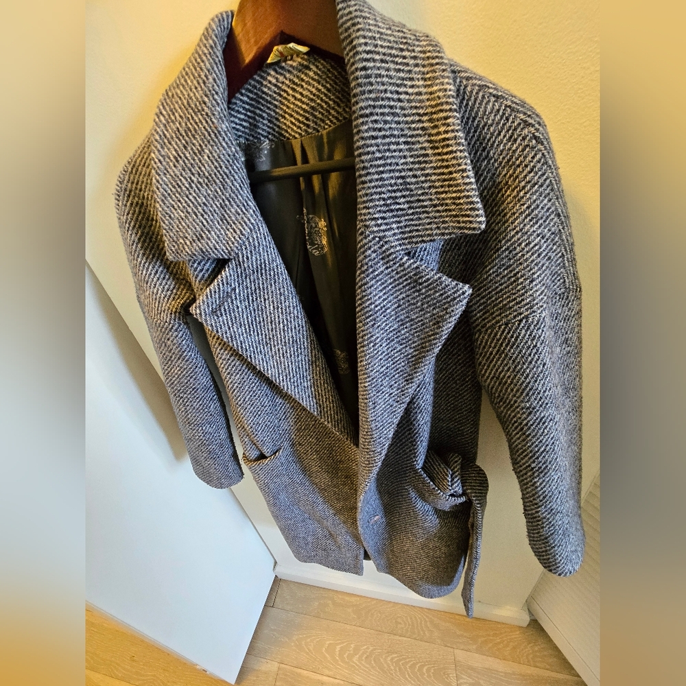 BlueHerringbone Wool Womens Coat With Belt And Pockets F4om Europian Designwr